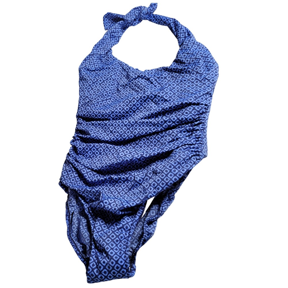 Lands' End Blue Print Ruched Halter Underwire one Piece Swimsuit Size 8 Slimming